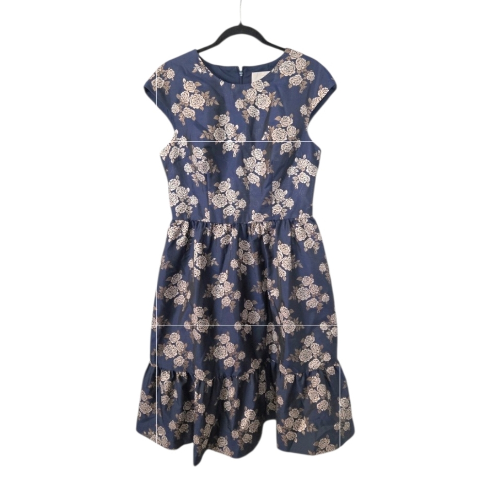 Gal Meets Glam Jenny Wallpaper Navy Blue Rose Floral Ruffle Knee Length Dress - Picture 3 of 12